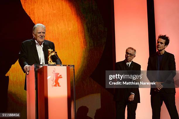 Tom Tykwer and festival director Dieter Kosslick listen to Michael Ballhaus speaking at the 'Hommage For Michael Ballhaus' during the 66th Berlinale...