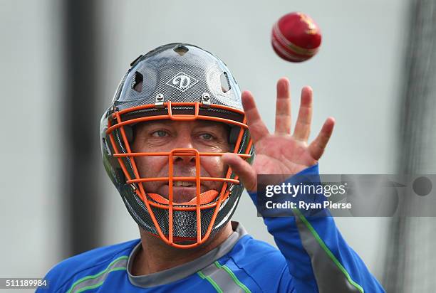 Australian coach Darren Lehmann trains during an Australia nets session at Hagley Oval on February 19, 2016 in Christchurch, New Zealand.