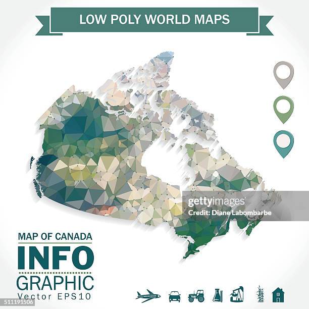 low poly map of canada with icons and banner green - housing infographic stock illustrations