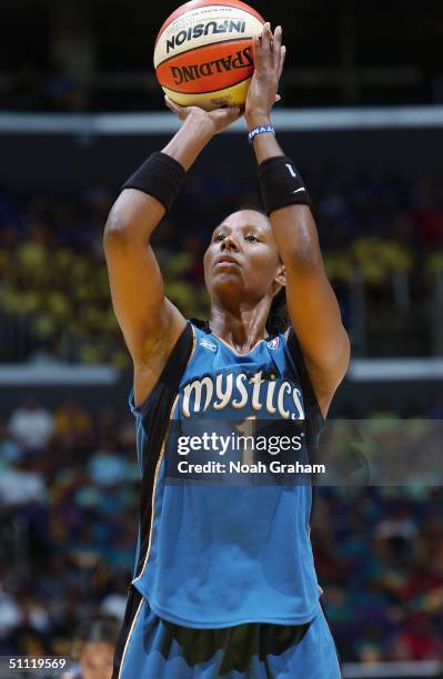 Chamique Holdsclaw the Washington Mystics shoots a free throw against the Los Angeles Sparks during game at Staples Center on July 21, 2004 in Los...