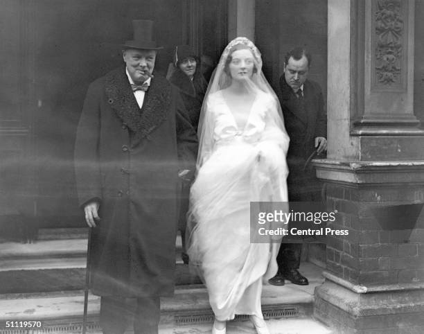 British statesman Winston Churchill with his daughter Diana leaving their house in Morpeth Mansions for the church of St Margaret's, Westminster,...