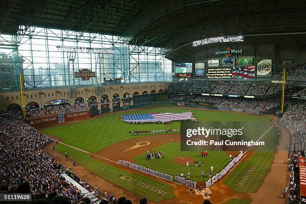 Overhead view of pre-game ceremonies prior to the 2004 the Major League Baseball All-Star Game at Minute Maid Park on July 13, 2004 in Houston, Texas.