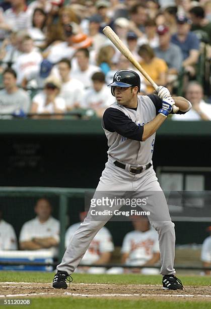 David DeJesus of the Kansas City Royals bats during the game against the Baltimore Orioles on July 10, 2004 at Camden Yards in Baltimore, Maryland...