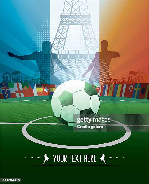 frankreich fußball-stadion poster mit eiffelturm und spieler-silhouetten - famous footballers silhouette stock-grafiken, -clipart, -cartoons und -symbole