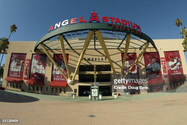 Front entrance of Angel Stadium of Anaheim before the game between the Anaheim Angeles and the Boston Red Sox on July 17, 2004 in Anaheim,...