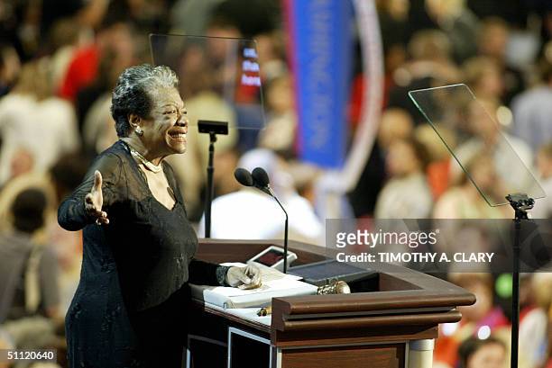 United States: Poet and activist Maya Angelou addresses the Democratic National Convention 27 July in Boston, Massachusetts. Democratic presidential...