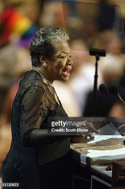 Poet and activist Maya Angelou speaks to delegates at the Democratic National Convention July 27, 2004 at FleetCenter in Boston, Massachusetts.