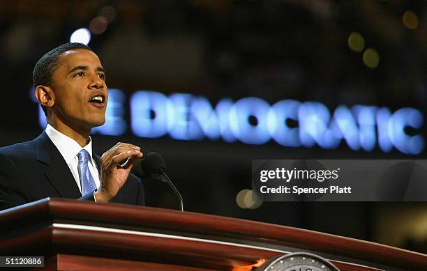 Senate candidate Barack Obama of Illinois delivers the keynote address to delegates on the floor of the FleetCenter on the second day of the...