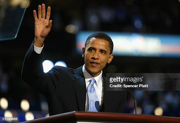 Senate candidate Barack Obama of Illinois delivers the keynote address to delegates on the floor of the FleetCenter on the second day of the...