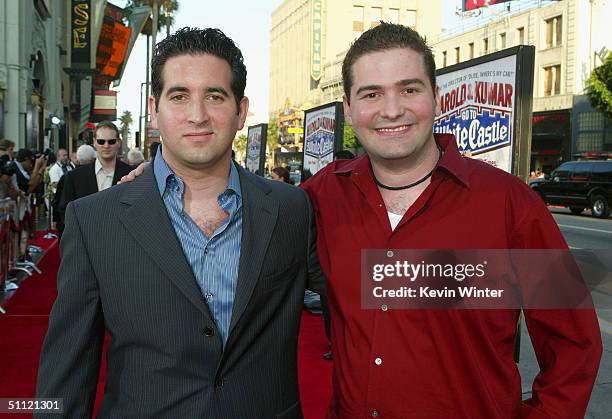 Writers Hayden Schlossberg and Jon Hurwitz arrive at the World Premiere of "Harold & Kumar Go to White Castle" at the Grauman's Chinese Theatre on...