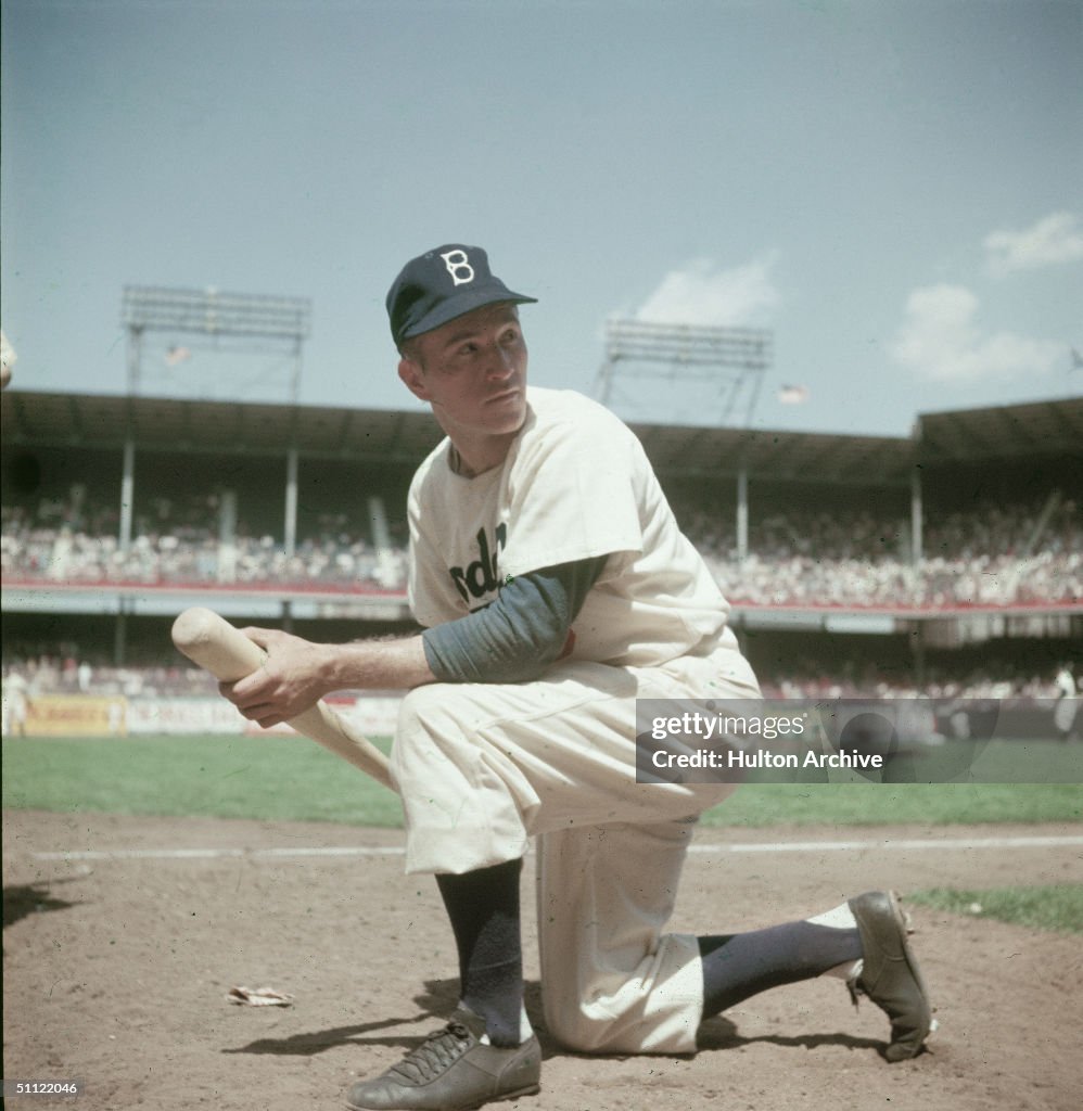 George Shuba Kneeling With Bat