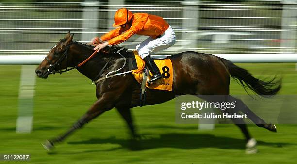 Joe Fanning and Shamardal land an easy victory in The Veuve Clicquot Vintage Stakes Race run at Goodwood Racecourse on July 28, 2004 in Goodwood,...