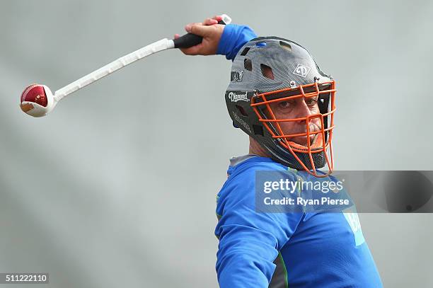 Australian coach Darren Lehmann trains during an Australia nets session at Hagley Oval on February 19, 2016 in Christchurch, New Zealand.