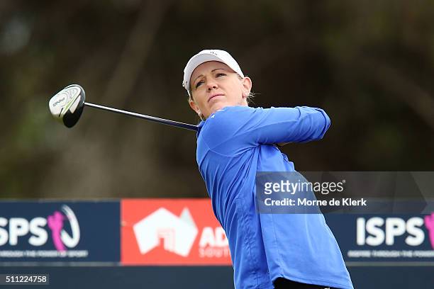 Amy Anderson tees off during day two of the ISPS Handa Women's Australian Open at The Grange GC on February 19, 2016 in Adelaide, Australia.