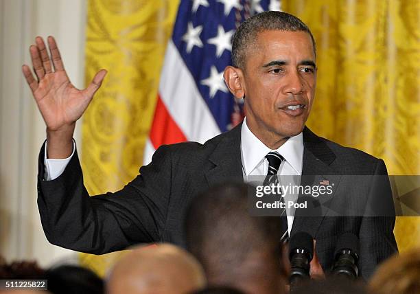 President Barack Obama speaks at a reception for Black History Month, in the East Room of the White House, February 18 in Washington, DC.