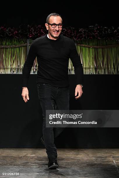 Gilles Mendel greets the audience after presenting the J. Mendel Fall 2016 Collection during New York Fashion Week at Cedar Lake Studios on February...