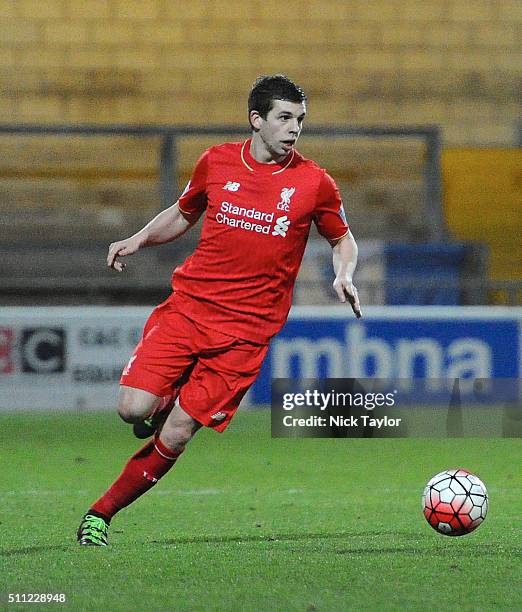 Jon Flanagan of Liverpool in action during the Liverpool v Middlesbrough Barclays U21 Premier League game at the Lookers Vauxhall Stadium on February...