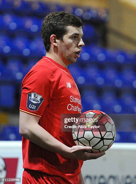 Jon Flanagan of Liverpool in action during the Liverpool v Middlesbrough Barclays U21 Premier League game at the Lookers Vauxhall Stadium on February...