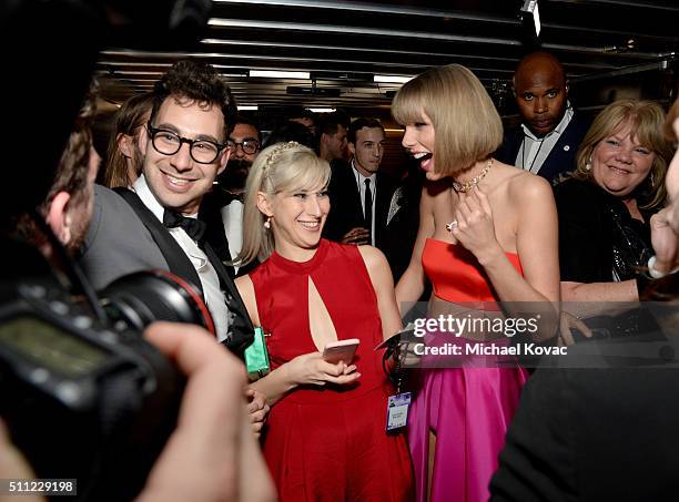 Musician Jack Antonoff, guest, and singer Taylor Swift celebrate backstage at The 58th GRAMMY Awards at Staples Center on February 15, 2016 in Los...