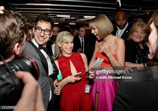 Musician Jack Antonoff, guest, and singer Taylor Swift celebrate backstage at The 58th GRAMMY Awards at Staples Center on February 15, 2016 in Los...