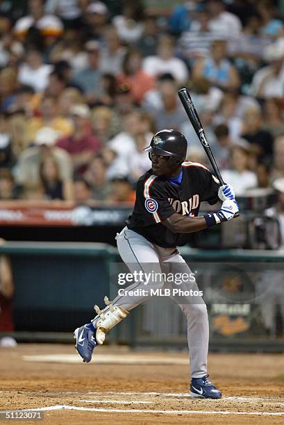 Felix Pie of the World Team prepares to take a swing during the New York Mercantile Exchange All-Star Futures Game against the United States Team at...