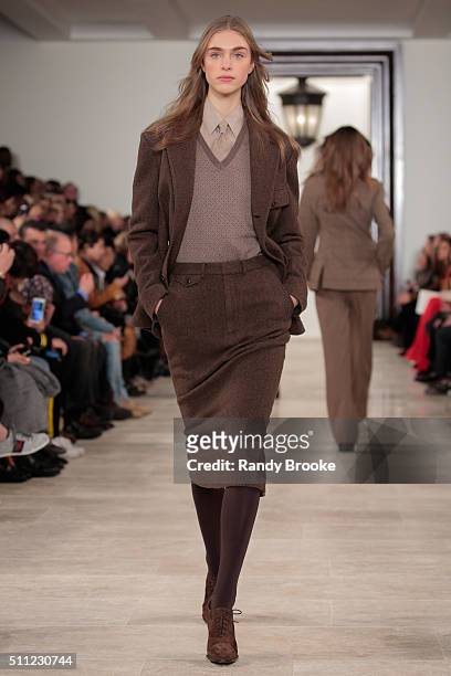Model walks the runway at the Ralph Lauren Fall 2016 show during New York Fashion Week at Skylight Clarkson Sq on February 18, 2016 in New York City