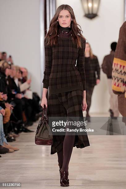 Model walks the runway at the Ralph Lauren Fall 2016 show during New York Fashion Week at Skylight Clarkson Sq on February 18, 2016 in New York City