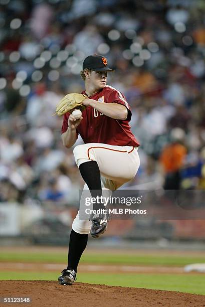 Matt Cain of the United States Team winds up for a pitch during the New York Mercantile Exchange All-Star Futures Game against the World Team at...