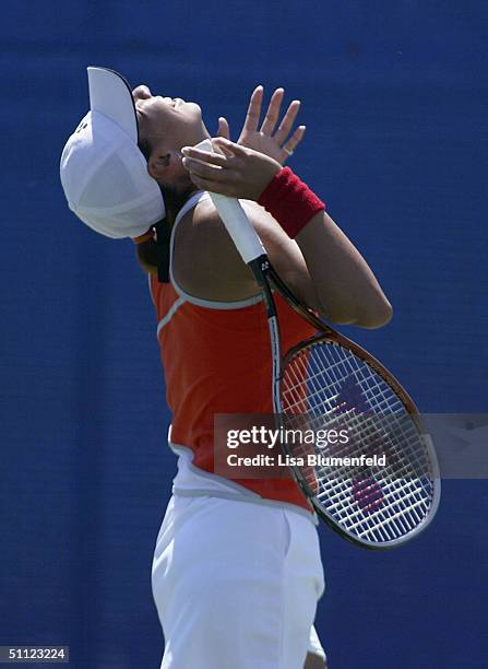 Shinobu Asagoe of Japan reacts during her match against Ai Sugiyama of Japan during day three of the Acura Classic on July 28, 2004 at La Costa...