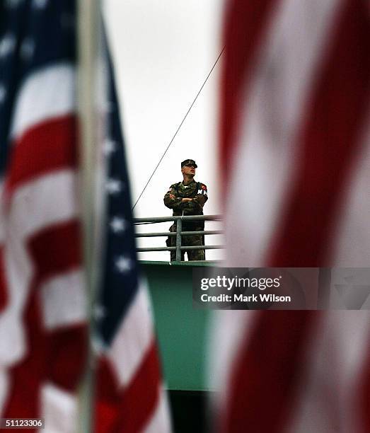 Army military policeman keeps watch outside the FleetCenter July 28, 2004 during the Democratic Convention in Boston, Massachusetts. Democratic...