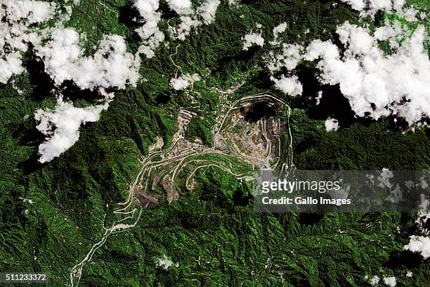 Satellite imagery of the Panguna Mine located in the autonomous region of Bougainville on July 20, 2015 in Papua New Guinea. The Panguna mine has one...
