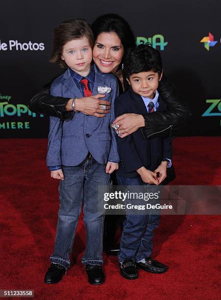 Joyce Giraud, Valentino Ohoven and Leonardo Ohoven arrive at the premiere of Walt Disney Animation Studios' "Zootopia" at the El Capitan Theatre on...