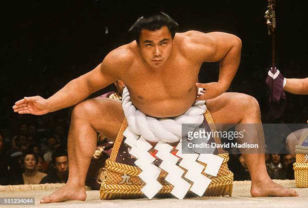 Chiyonofuji Mitsugu, born as Akimoto Mitsugu, appears in a ceremony before a match during the 1983 Kyushu Basho sumo wrestling tournament held in...