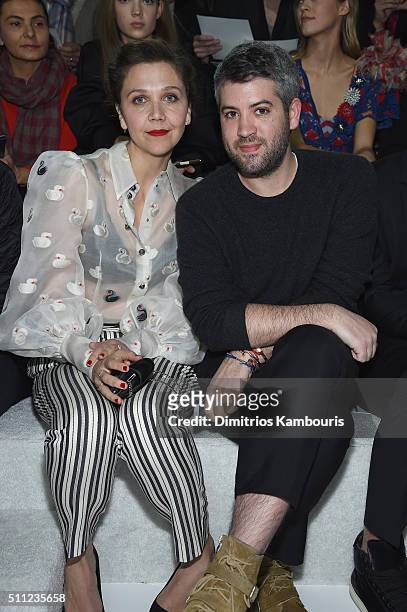 Maggie Gyllenhaal and designer Brandon Maxwell attend the Marc Jacobs Fall 2016 fashion show during New York Fashion Week at Park Avenue Armory on...
