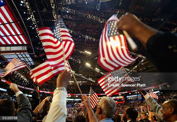 Delegates wave flags while Reverend Al Sharpton gives his addresss at the Democratic National Convention July 28, 2004 at the FleetCenter in Boston,...