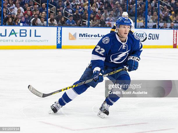 Erik Condra of the Tampa Bay Lightning skates against the Nashville Predators at the Amalie Arena on February 12, 2016 in Tampa, Florida.