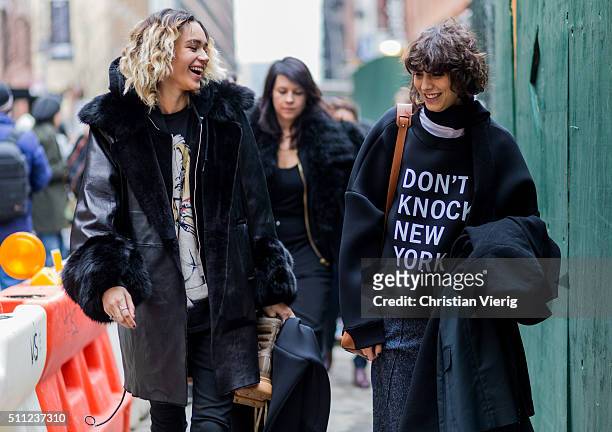 Binx Walton and Mica Arganaraz seen outside DKNY during New York Fashion Week: Women's Fall/Winter 2016 on February 17, 2016 in New York City.