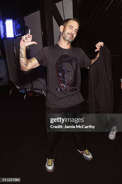 Designer Marc Jacobs poses backstage at Marc Jacobs Fall 2016 fashion show during new York Fashion Week at Park Avenue Armory on February 18, 2016 in...