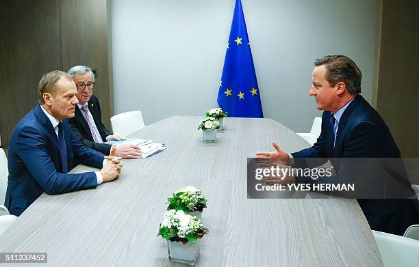 British Prime Minister David Cameron attends a meeting with and European Council President Donald Tusk and European Commission President Jean Claude...