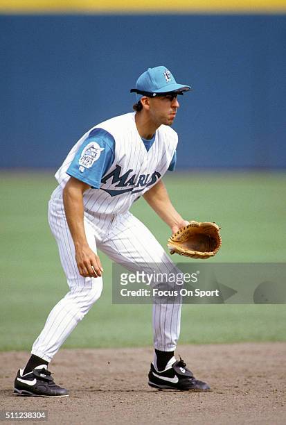 Walt Weiss of the Florida Marlins in action during an Major League Baseball game circa 1993 at Joe Robbie Stadium in Miami, Florida. Weiss played for...