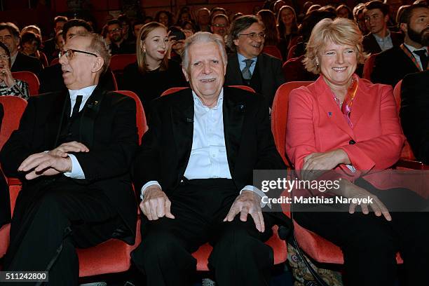 Dieter Kosslick, Michael Ballhaus and Monika Gruetters attend the 'Hommage For Michael Ballhaus' during the 66th Berlinale International Film...