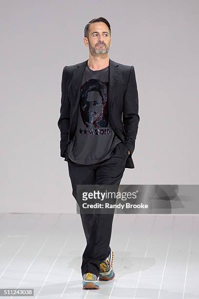 Marc Jacobs greets the audience after his Fall 2016 show during New York Fashion Week at The Park Avenue Armory at 643 Park Avenue on February 18,...