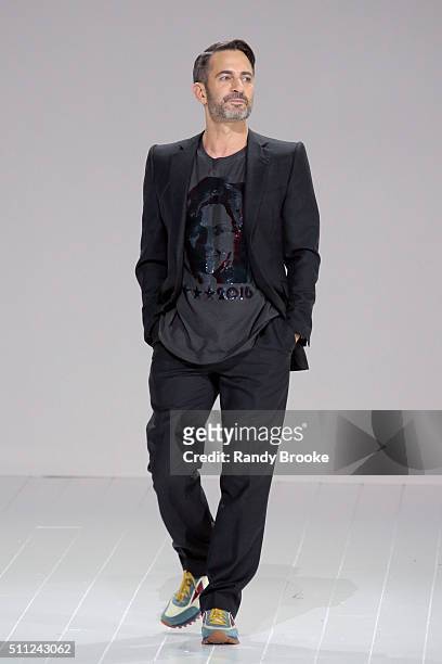 Marc Jacobs greets the audience after his Fall 2016 show during New York Fashion Week at The Park Avenue Armory at 643 Park Avenue on February 18,...