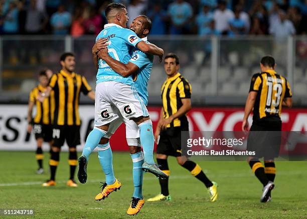 Alberto Rodriguez of Sporting Cristal celebrates the first goal of his team against Penarol during a group 4 match between Sporting Cristal and...