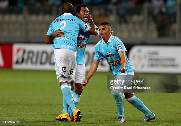 Alberto Rodriguez of Sporting Cristal celebrates the first goal of his team against Penarol during a group 4 match between Sporting Cristal and...