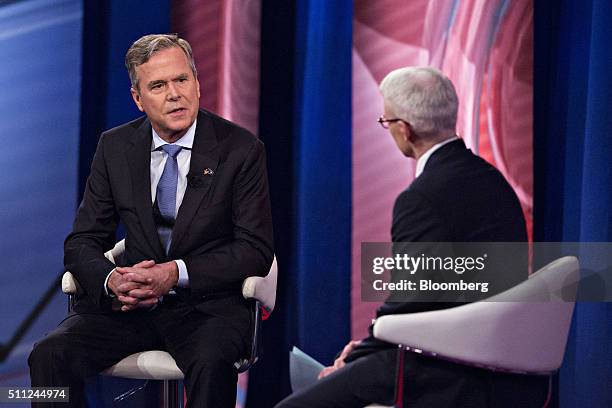 Jeb Bush, former Governor of Florida and 2016 Republican presidential candidate, left, speaks during a town hall event hosted by CNN anchor Anderson...