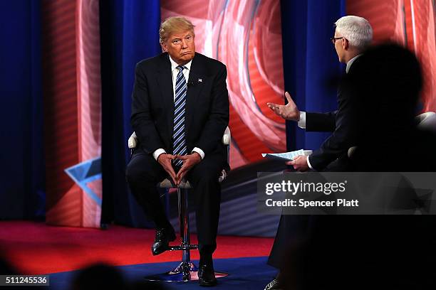 Republican presidential candidate Donald Trump speaks at a CNN South Carolina Republican Presidential Town Hall with host Anderson Cooper on February...