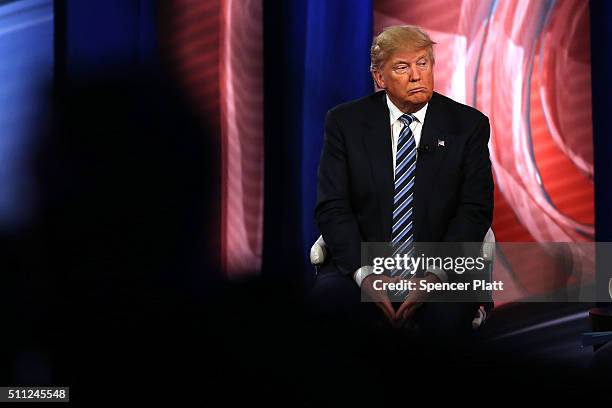 Republican presidential candidate Donald Trump speaks at a CNN South Carolina Republican Presidential Town Hall with host Anderson Cooper on February...