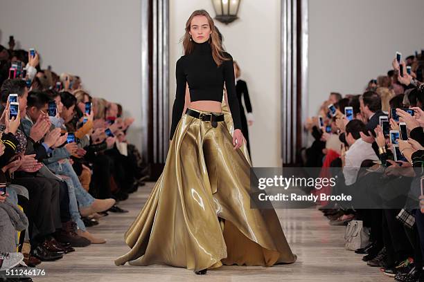 Models walks the finale at the Ralph Lauren Fall 2016 show during New York Fashion Week: The Shows at Skylight Clarkson Sq on February 18, 2016 in...