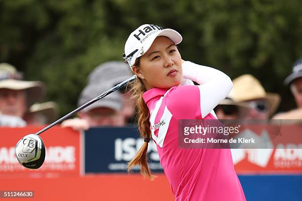 Minjee Lee of Australia competes during day two of the ISPS Handa Women's Australian Open at The Grange GC on February 19, 2016 in Adelaide,...